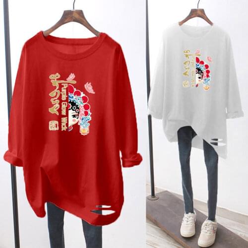 2021 Spring New Chinese Style Pattern T-shirt Mid-length Long-sleeved Pullover Graphic Tee Women Tops