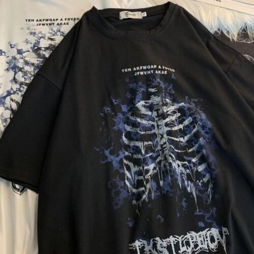 WomenShort Sleeve Oversized Personalized Skull Skeleton Print Embroidery Hip Hop Loose Korean Style All Match punk shirt tops