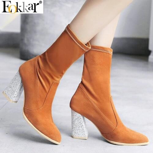 Eokkar 2020 Women Ankle Boots Pointed Toe Hoof Heels Winter Boots Elasticity Boots Women Shoes Ladies Casual Boots Size 34-43