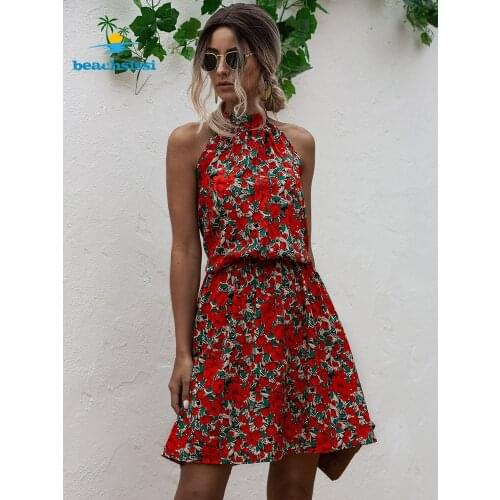 Beachisissi Women 2021 New Summer Flower Print Mini Dress Halter Neck Sleeveless Elastic High Waist Sundress Soft For Woman