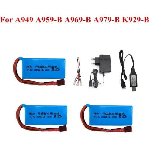 7.4V 2000mAh Battery for A949 A959-B A969-B A979-B K929-B Remote Control Car 2s LiPo Battery +7.4v charger for Wltoys car Parts