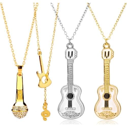 Microphone Crystal Chain Necklace Rapper Headphone Music Note Guitar Charm Pendant Necklace Hip Hop Jewelry Men Women Gifts