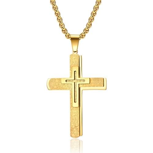 Stainless Steel Gold Three Layers Cross Pendant Necklace Christ Jewelry Gift with Chain Best Mens Church Gift For Him