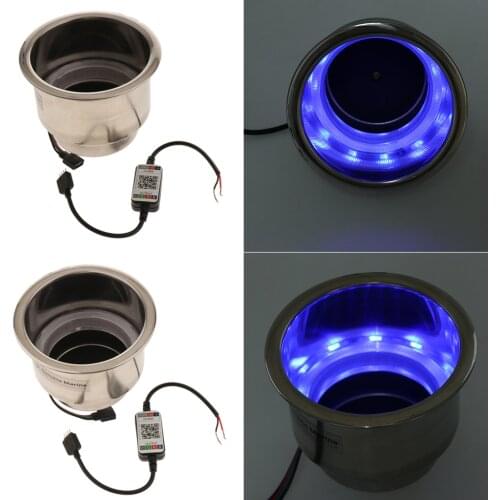 2x Blue 3 LED Stainless Steel Cup Drink Holder With Drain For Boat Marine RV