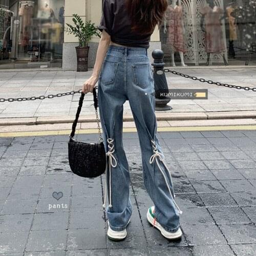 Y2k Jeans Women Autumn Winter Chic Lace-up Retro High Waist Straight Pants High Street Blue Denim Jeans Outwear