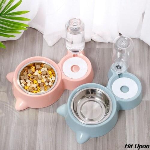 Hot 2 In 1 PP Stainless Steel Automatic Water Dispenser Feeder Non-Slip Dog Bowl Pet Dog Cat Drinker Cute Pet Food Container