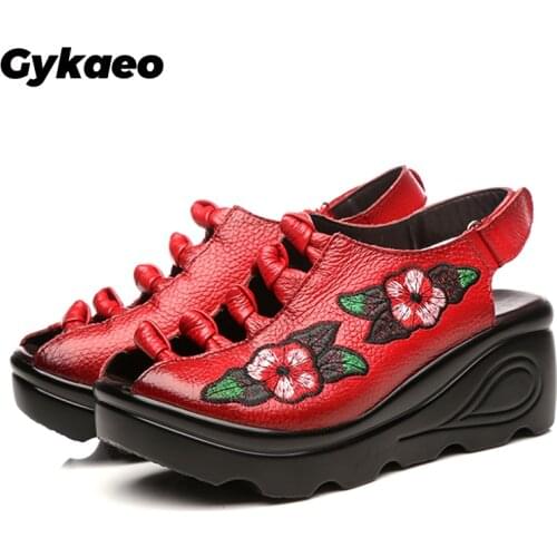 Gykaeo Vintage High Heels Sandals Ladies Comfortable Soft Bottom Genuine Leather Shoes Women Sandals Feminina Chaussures Femme