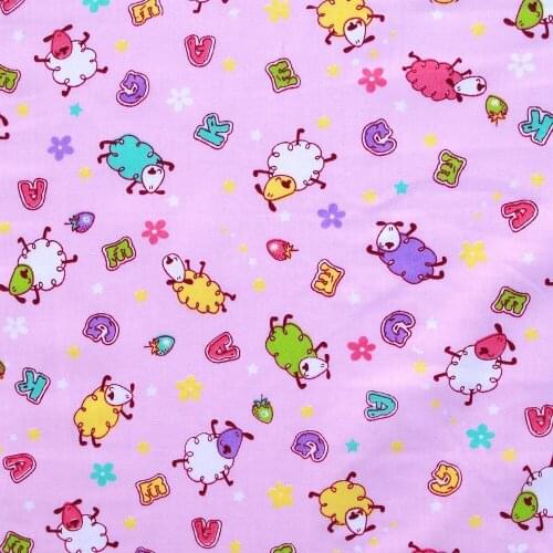 Cotton Twill Fabric for sewing pathwork, cloth, bedding - Sheep,stratberry and letters (pink), 100cmx160cm