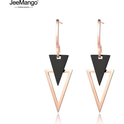 JeeMango Trendy Stainless Steel Double Triangle Dangle Earrings Jewelry For Women Rose Gold Geometry Anniversary Earring JE19036