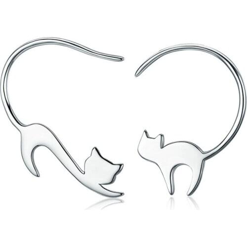 Animal Collection Silvery Cute Napping Little Cat Drop Earrings For Women Sterling Fashion Jewelry Gift 375806