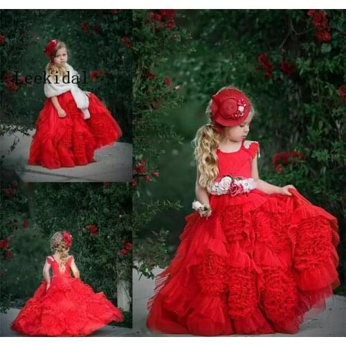 Red Ruffles Flower Girl Dresses For Weddings Tutu Child Kids Girls Pageant Gown For Birthday Party Graduation Communion