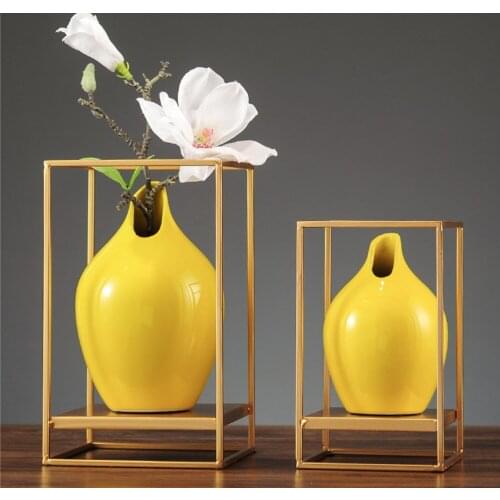 Creative Copper Ceramic Modern Deep Yellow Art Flower Piece Vase