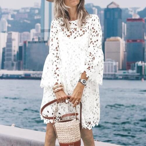 Lace Beach White Women Dress Hollow Out Party Dress Ruffle Flared Sleeves Dresses Lady Fashion Dress Two Piece Suit Summer New