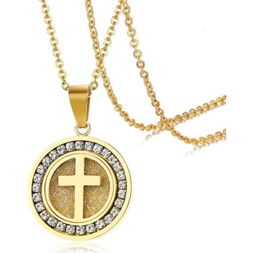 Fashion Religious Round CZ Zircon Necklace Christian Cross Pendant Chain Necklace Female Gold Color Jewelry Christmas Gift