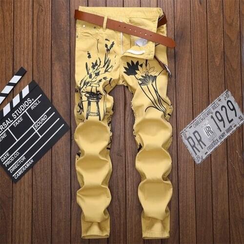 Fashion Print Yellow Jeans 2020 New Fashion Casual Design Streetwear Skinny Jeans Men