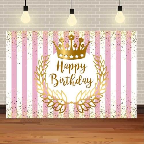 Seekpro Happy Birthday Party Baby Shower Pink Gold Crown Stripe Flowers DIY Princess Girl Phpto Photography Background Backgrop