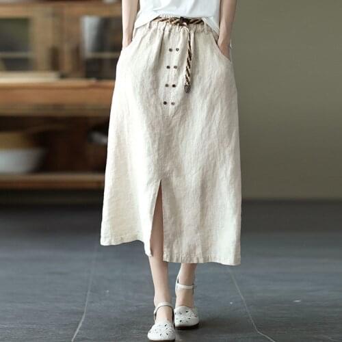 NINI WONDERLAND 2021 Summer Linen Vintage Retro Skirt Women Elastic Waist Casual Split A-line Skirt Mori Girls Style Skirts Belt