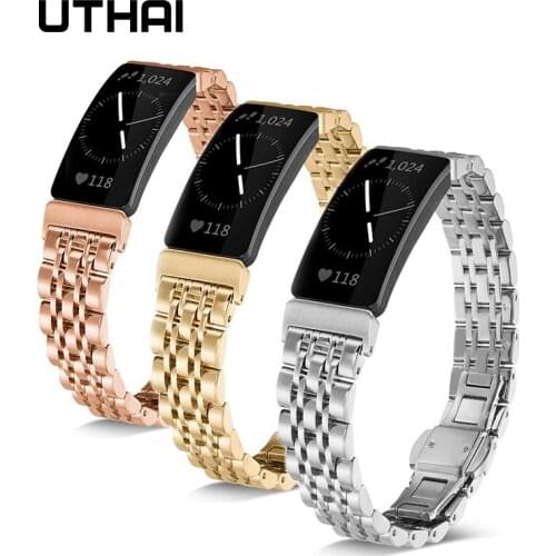 UTHAI F04 Watchband Stainless steel strap For Fitbit inspire Butterfly buckle Band Watch bracelet sliver gold black 14mm watch