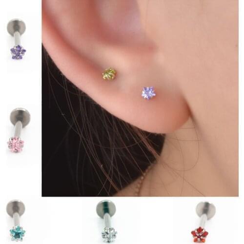 1 Pcs Titanium Steel Zircon Earrings 3mm Pentagram Star Crystal Cartilage Earring Ear Piercing DIY Women Body Needle Jewelry