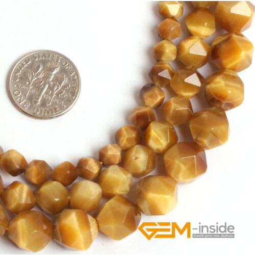 Natural Stone Yellow Tigers Eye Round Faceted Polygonal Beads For Jewelry Making Strand 15" DIY Jewelry Beads For Bracelet