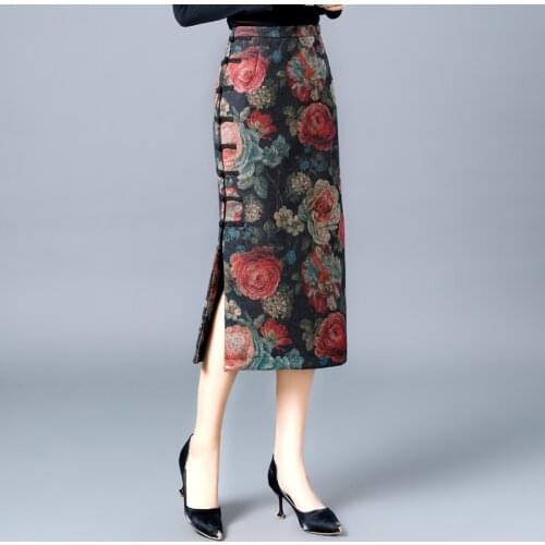 Chinese Style Skirt 2020 Winter Side Plate Buttons Thick Pencil Skirt High Waist Floral Printed Midi Skirts For Women 11601