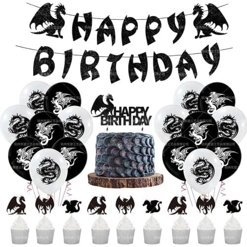 Western dragon theme party set happy birthday kids party decorative aluminum balloon banner flag suppliers