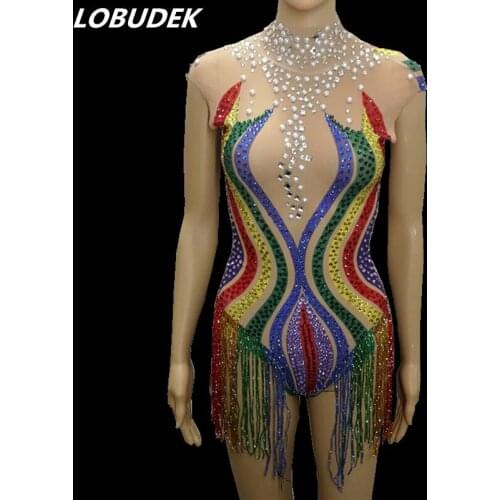 Sexy Women Nightclub Costume Colorful Stripe Rhinestones Tassels Perspective Bodysuit Bar Party Dancer Teams Show Stage Outfits