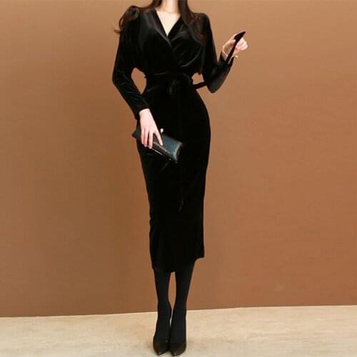 New arrival fashion women pencil dress OL professional temperament v-neck batwing sleeve velvet vintage simple slim black dress