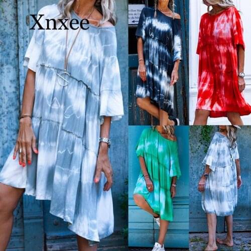 Tie-dye dress loose beach boho Women Round Neck Half Sleeve Loose Pleated Dress Summer Vintage Vacation Dress o neck knee