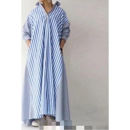 SuperAen Loose Cloak Contrast Turn Down Collar Shirt Stripe Patchwork Big Swing Dress for Women