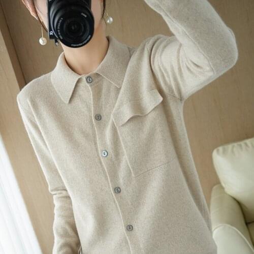 2021 new womens coat 100% wool knitted cardigan POLO collar solid color casual small coat large size ladies outer wear
