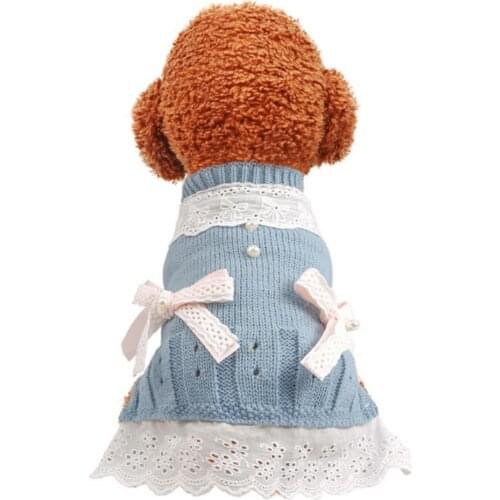 Winter Warm Pet Dog Comfortable Lace Bow Faux Pearl Knitted Lovely Sweet Princess Dress Costume Small Dogs Clothes