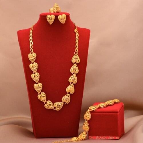 24K Dubai Gold Color Jewelry Sets For Women African Party Wedding Necklace Earrings Rings Bangles Jewellery Set Engagement Gifts