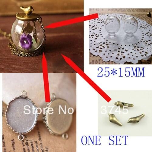 Free ship!!! NEW 20sets/lot 25x15mm(opening) glass globe with base with bird set glass bottle glass vials jewelry findings