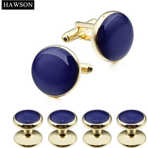HAWSON Brand Classical Gold-Color Plated Blue Enamel Cufflinks Studs Set for Tuxedo Shirt with Box