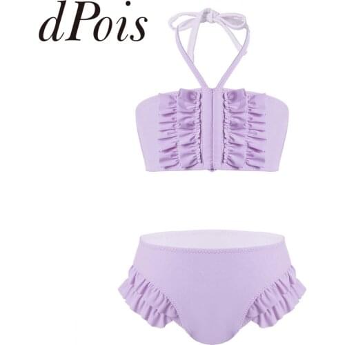 2Pcs Kids Swimwear Girls Swimsuit Haler Neck Bra Top + Bikini Bottoms Childrens Ruffled Swimsuits Summer Beachwear Bathing Suit