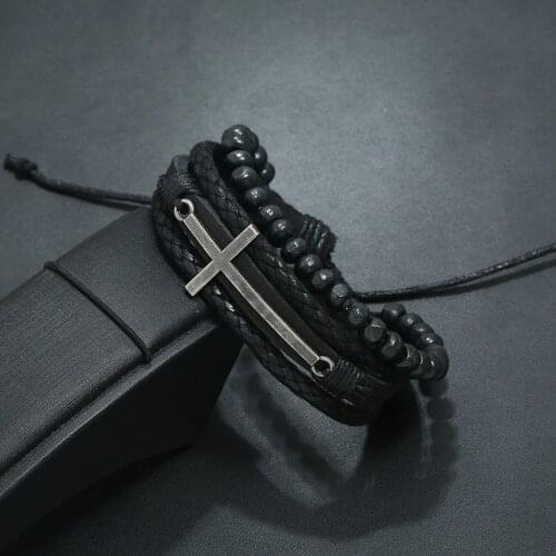Eif Dock Vintage Handmade DIY Braided Leather Bracelet Alloy Cross Leather Adjustable Wooden Beads Mens Hand Strap Bangles