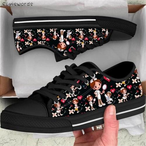 ELVISWORDS Fashion Cute Nurse Printing Casual Low Top Shoes for Teen Girls Light Lace Up Footwear Sneakers Ladies Vulcanize Shoe