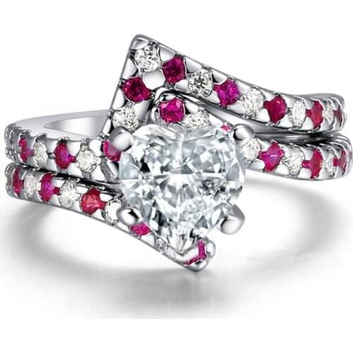 Exquisite Women White/Red Crystal Zircon Rings Jewelry Accessories Female Wedding Engagement Heart Ring Set Gift