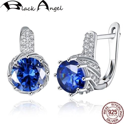 BLACK ANGEL Round Sapphire Amethyst White Gemstone 925 Sterling Silver Clip Earrings for Women Wholesale Dropshipping