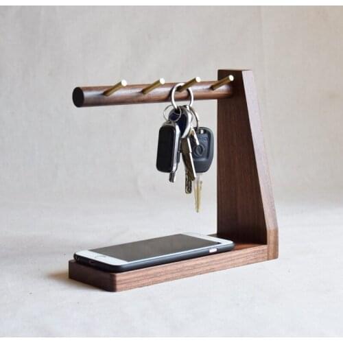 Creative Brass Keys Hook L Shape Black Walnut Door Entrance Storage Rack Eco Natural Wood Home Table Organizer for Sundries