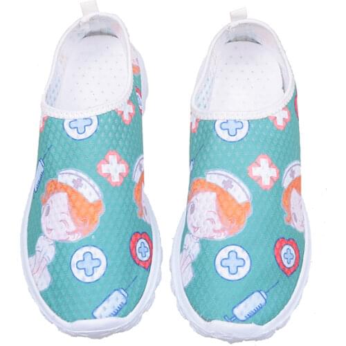 Spring Nurse Flat Shoes Women Cute Cartoon Nurses Printed Womens Sneakers Shoes Breath Mesh Flats Zapatos de Mujer