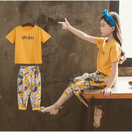 Summer 2019 Kids Clothes Girls Outfits Cotton T-shirt+Print Capris 2pcs Casual Suit Children Clothes Teenage Girls Clothing Set