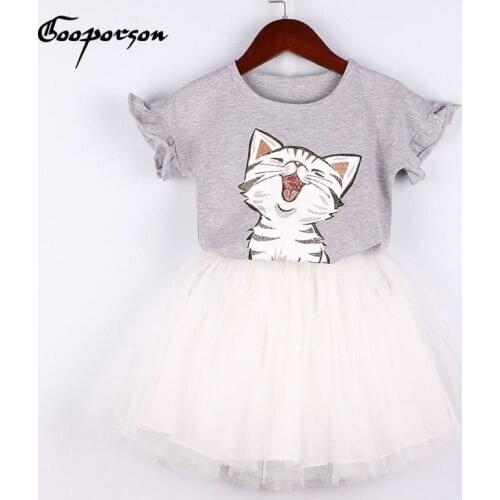 Fashiong Kids Girls Clothes Set Cute Cat Printed Grey T Shirt And White Tutu Skirt Princess Clothing Suit For Baby Girl Summer