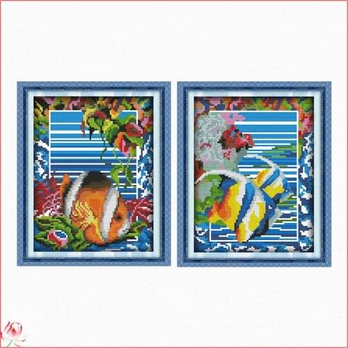 Joy Sunday Sea Fish Cross Stitch Kit Animal Pattern 14CT White 11CT Printed Embroidery Set DIY Home Decoration Painting Gifts
