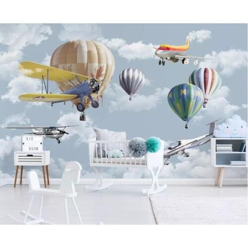 Custom Size 3D Photo Mural Wall Sticker Cartoon Hot air Balloon With Planes In Sky Self-adhesive Vinyl Art Home Decor