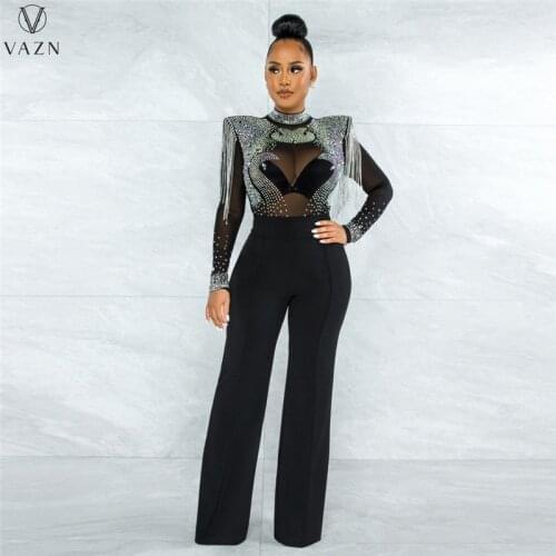 VAZN 2021 Lady New Fashion High Street Style Jumpsuits Long Sleeve High Collar Appliques Zipper Jumpsuits Long Pants