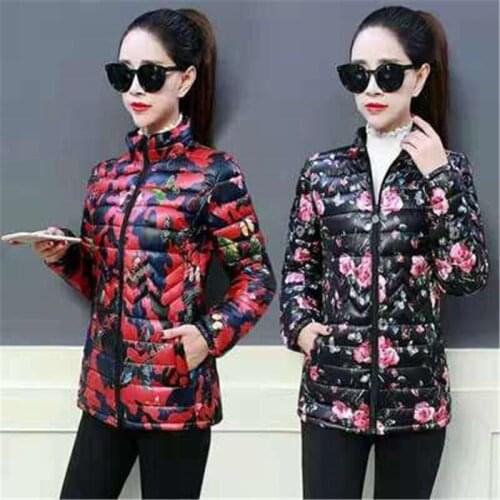 2021 Winter Fashion New Short Stand-Up Collar Long-Sleeved Slimming Light And Warm Printed Cotton-Padded Jacket Womens Coat