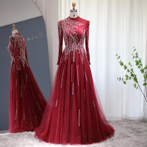 Luxury Dubai Champgane Muslim Evening Dress Long Sleeve High Neck Elegant Women Arabic Formal Dresses for Wedding Party Gowns
