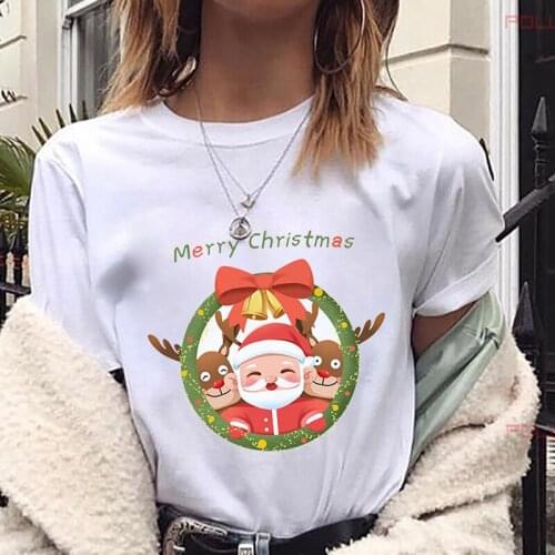 Christmas Santa Claus Print Happy New Year T-shirt Women Harajuku Aesthetic Korea Tshirt New Fashion White Tops Female T Shirt